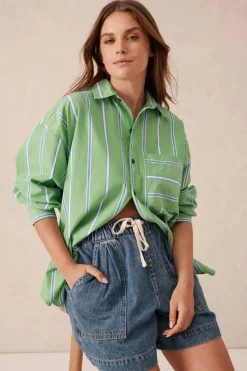 Women Ceres Life Oversized Organic Cotton Poplin Shirt - Grass Green Oxford Blue Stripe