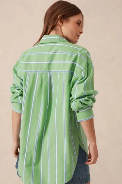 Women Ceres Life Oversized Organic Cotton Poplin Shirt - Grass Green Oxford Blue Stripe