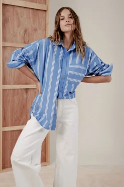 Women Ceres Life Oversized Organic Cotton Poplin Shirt - Blue White Triple Stripe
