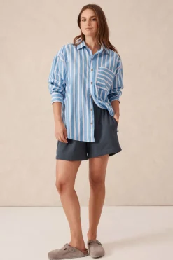 Women Ceres Life Oversized Organic Cotton Poplin Shirt - Blue White Red Stripe