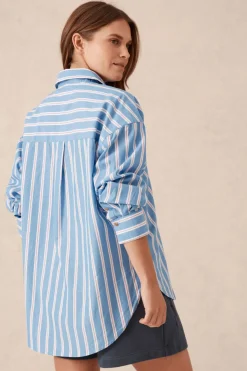 Women Ceres Life Oversized Organic Cotton Poplin Shirt - Blue White Red Stripe
