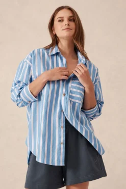 Women Ceres Life Oversized Organic Cotton Poplin Shirt - Blue White Red Stripe
