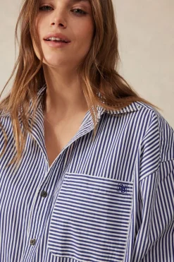 Women Ceres Life Oversized Organic Cotton Poplin Shirt - College Blue White Narrow Stripe