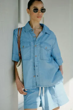 Women Ceres Life Relaxed Short Sleeve Shirt - Vintage Blue Pinstripe