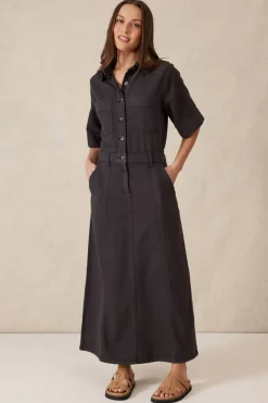 Women Ceres Life Short Sleeve Denim Midi Shirt Dress - Washed Black Twill
