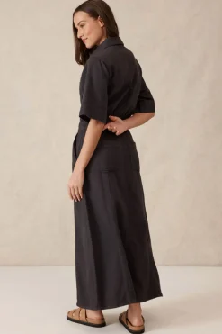 Women Ceres Life Short Sleeve Denim Midi Shirt Dress - Washed Black Twill