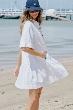 Women Ceres Life Short Sleeve Tiered Pocket Shirt Dress - Fresh Ecru