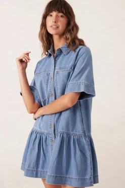 Women Ceres Life Short Sleeve Tiered Pocket Shirt Dress  - Vintage Blue
