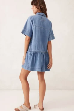 Women Ceres Life Short Sleeve Tiered Pocket Shirt Dress  - Vintage Blue