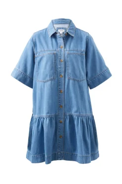 Women Ceres Life Short Sleeve Tiered Pocket Shirt Dress  - Vintage Blue