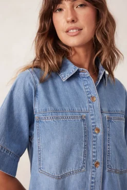 Women Ceres Life Short Sleeve Tiered Pocket Shirt Dress  - Vintage Blue