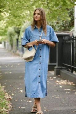 Women Ceres Life Short Sleeve Yoke Detail Midi Dress - Vintage Blue