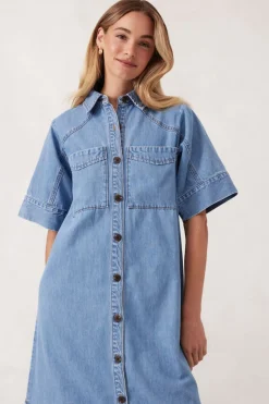 Women Ceres Life Short Sleeve Yoke Detail Midi Dress - Vintage Blue