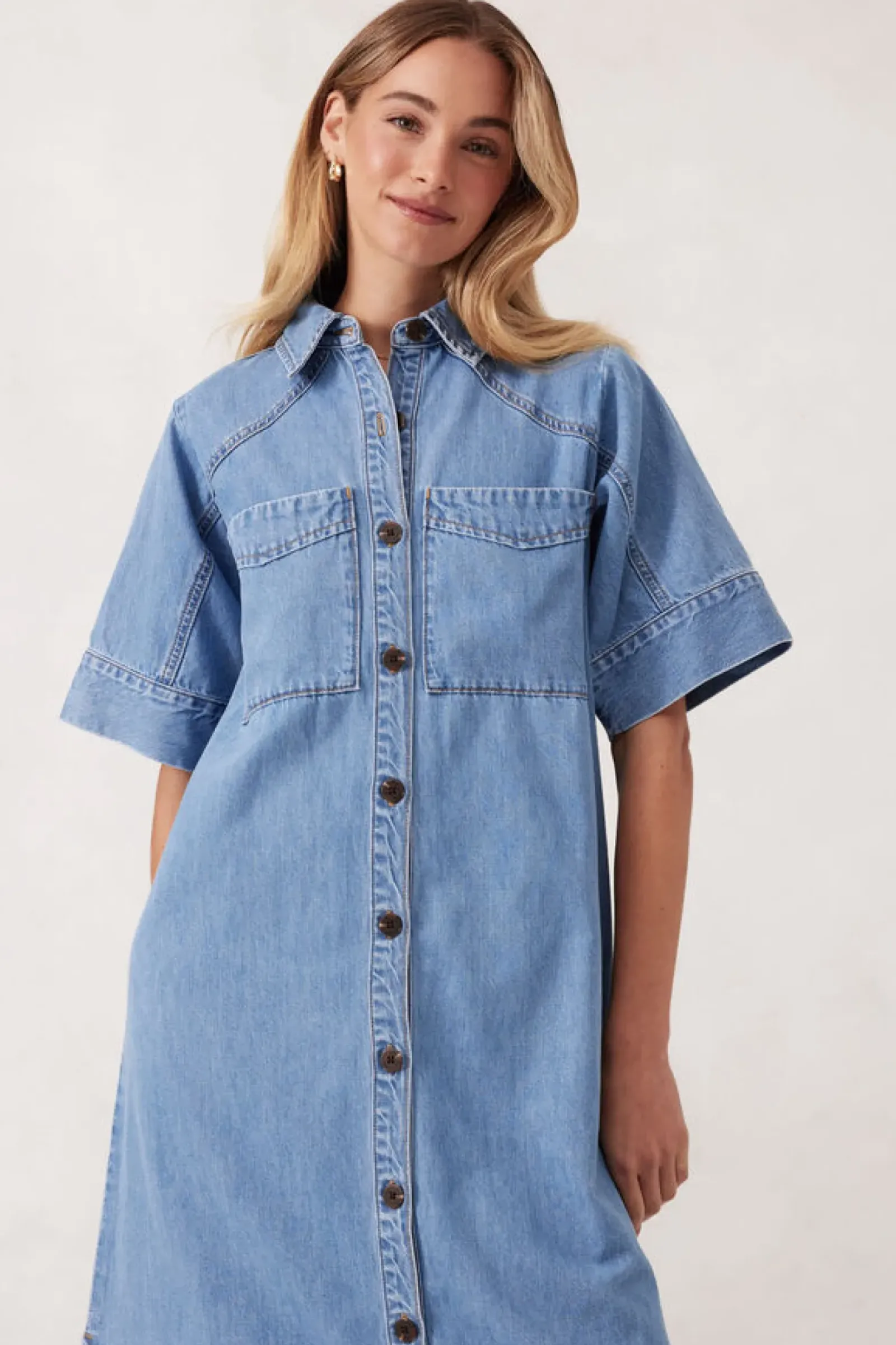 Women Ceres Life Short Sleeve Yoke Detail Midi Dress - Vintage Blue