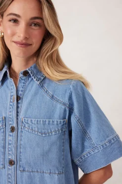 Women Ceres Life Short Sleeve Yoke Detail Midi Dress - Vintage Blue