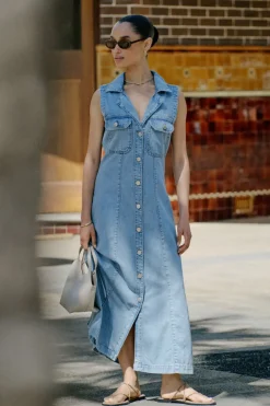 Women Ceres Life Sleeveless Panelled Midi Shirt Dress - Vintage Blue