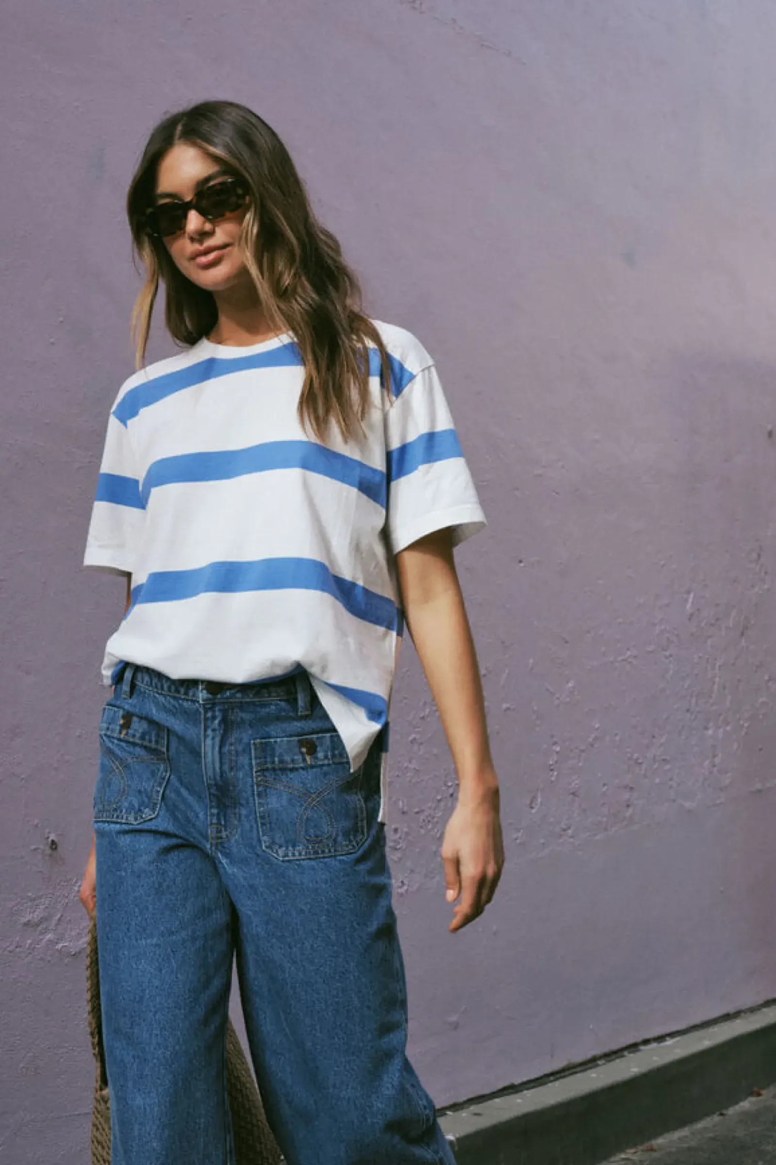 Women Ceres Life Slouchy Split Hem Tee - Vanilla/Pool Blue