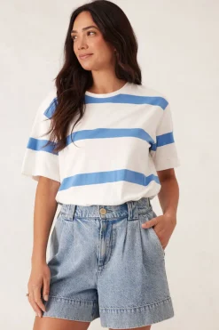 Women Ceres Life Slouchy Split Hem Tee - Vanilla/Pool Blue Bold Stripe