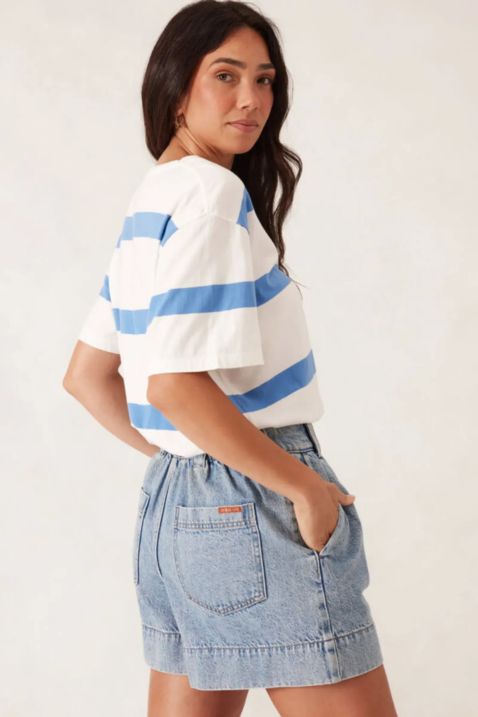 Women Ceres Life Slouchy Split Hem Tee - Vanilla/Pool Blue Bold Stripe