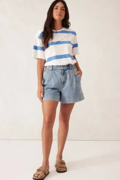 Women Ceres Life Slouchy Split Hem Tee - Vanilla/Pool Blue Bold Stripe