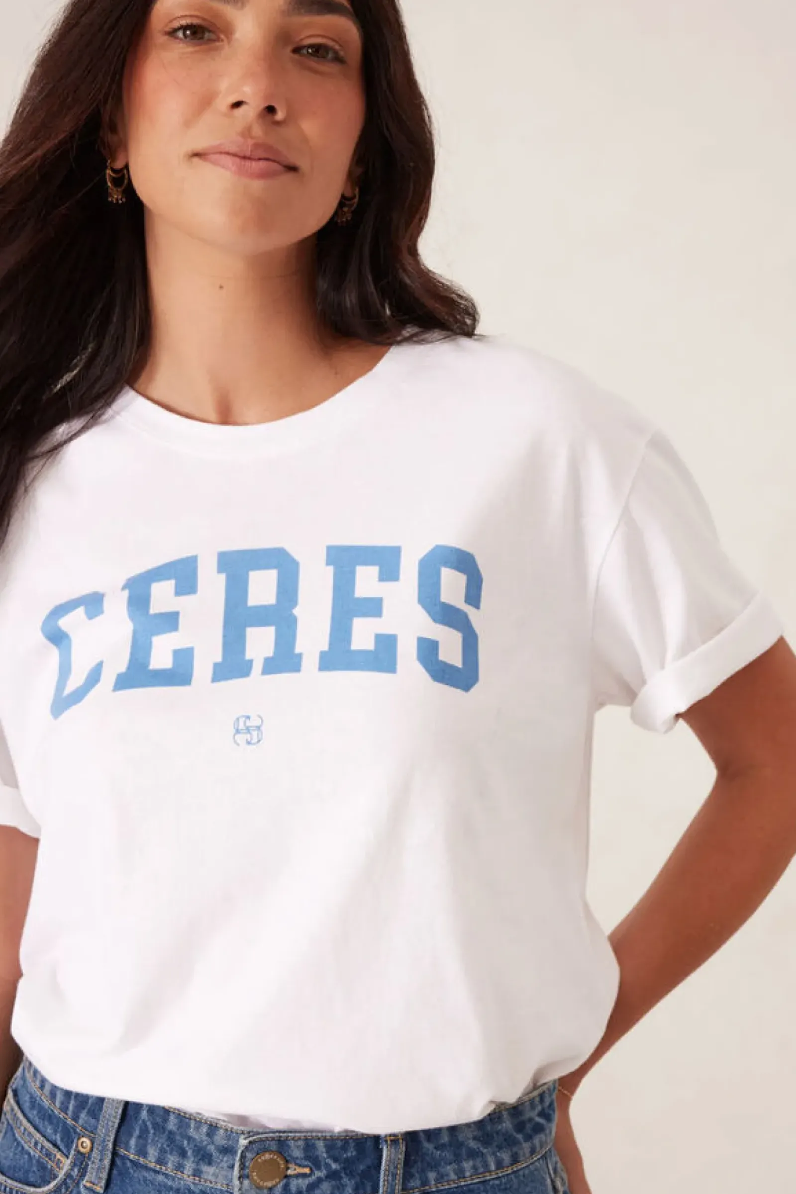 Women Ceres Life Slouchy Split Hem Tee - White/Ceres Varisty Pool Blue