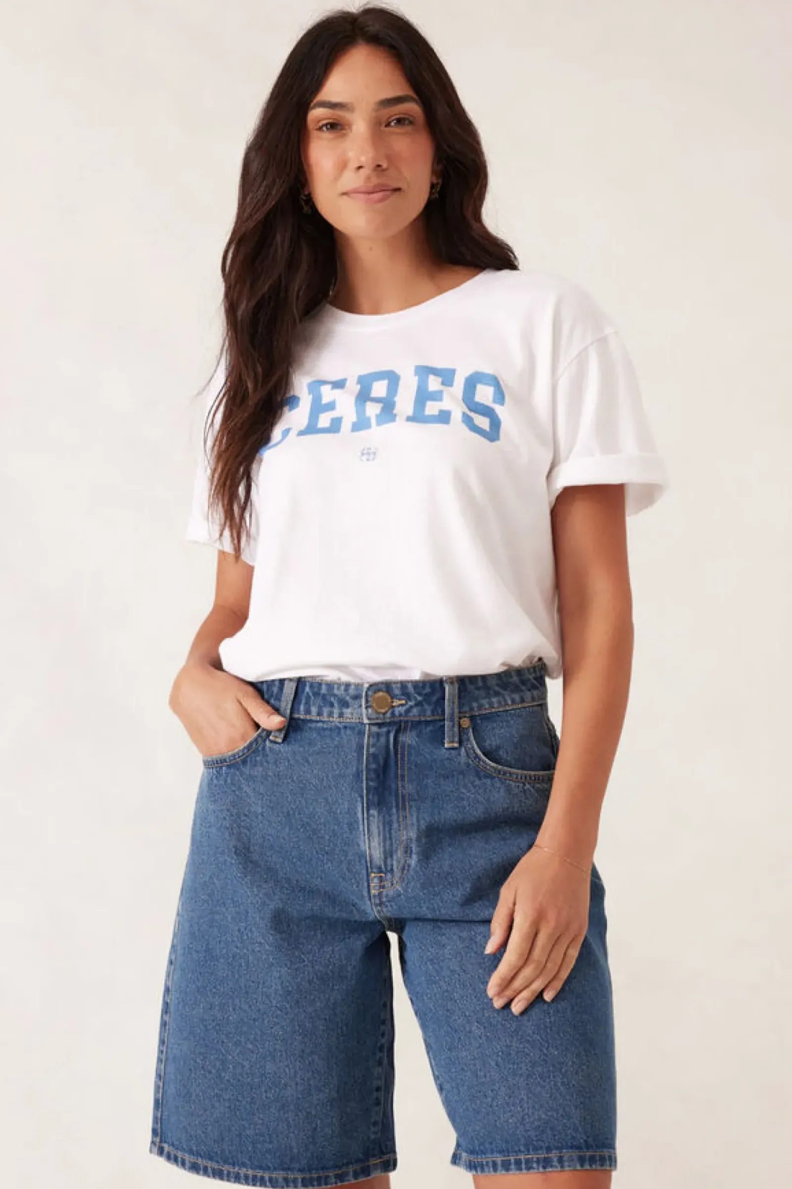 Women Ceres Life Slouchy Split Hem Tee - White/Ceres Varisty Pool Blue