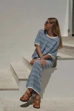 Women Ceres Life Textured Boxy Knit Tee - Summer Blue Stripe