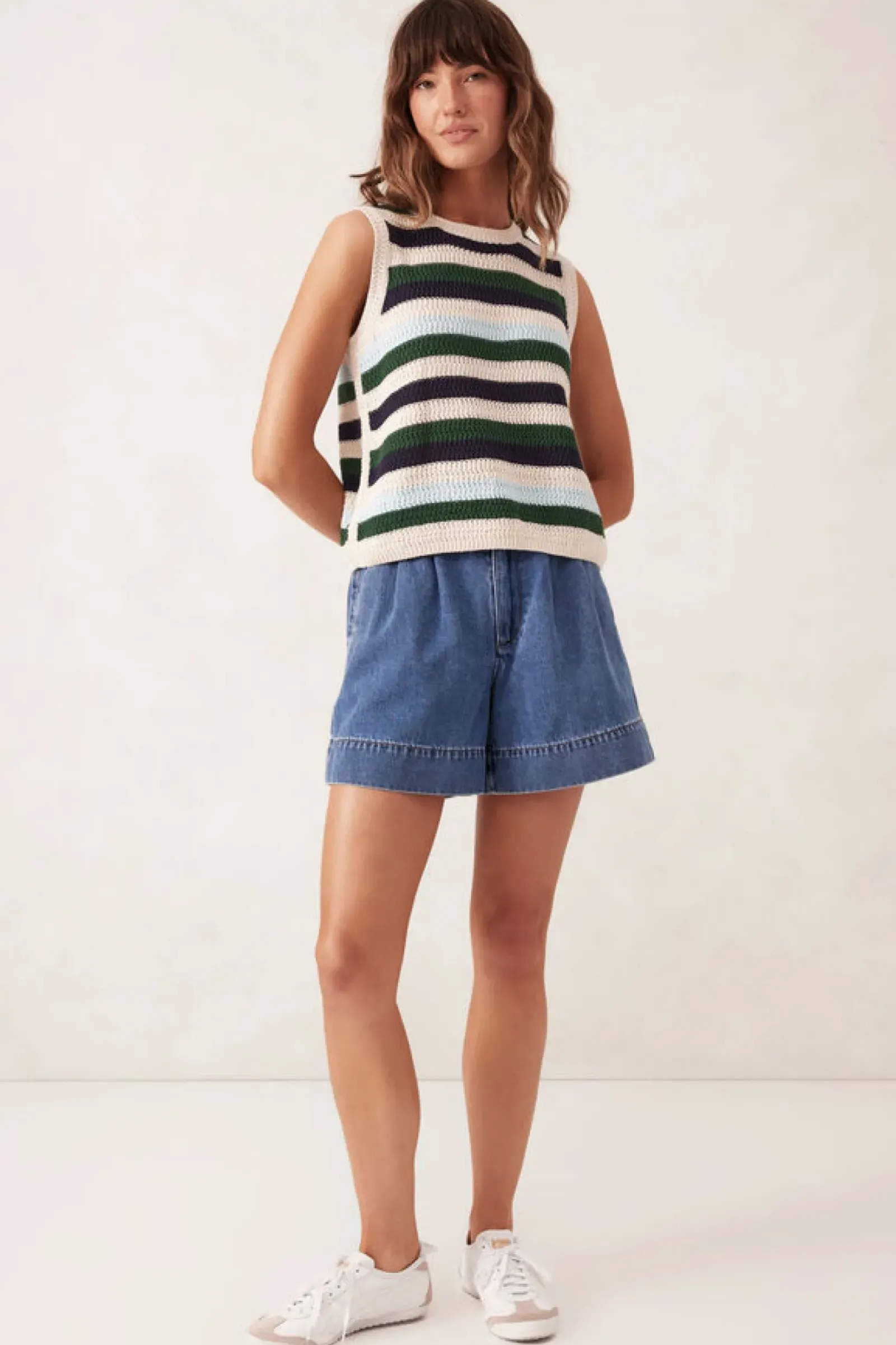 Women Ceres Life Textured Mulit Stripe Knit Tank - Aqua Pine Navy Stripe