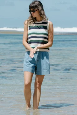 Women Ceres Life Textured Mulit Stripe Knit Tank - Aqua Pine Navy Stripe