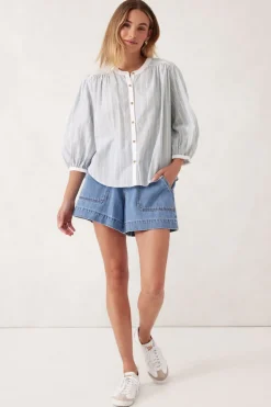 Women Ceres Life Woven Collarless Top - Green Ladder Stripe