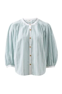 Women Ceres Life Woven Collarless Top - Green Ladder Stripe