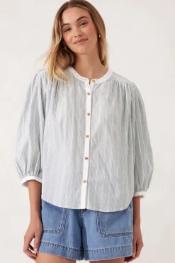 Women Ceres Life Woven Collarless Top - Green Ladder Stripe