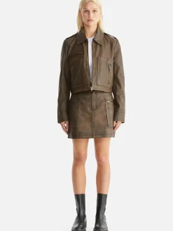 Women Ena Pelly Lennie Leather Biker Jacket - Worn Brown