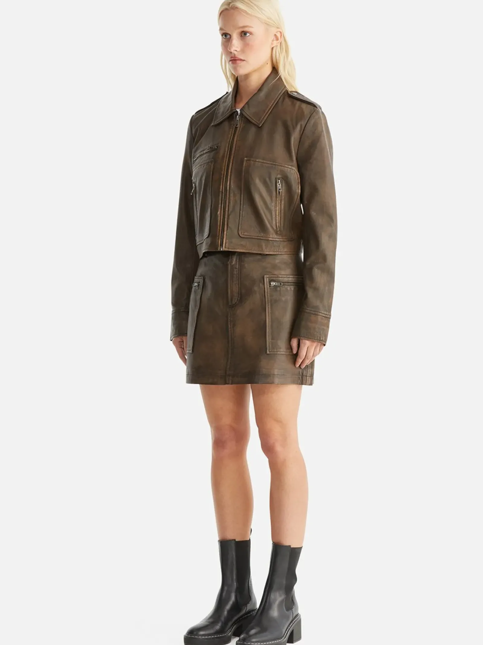 Women Ena Pelly Lennie Leather Biker Jacket - Worn Brown