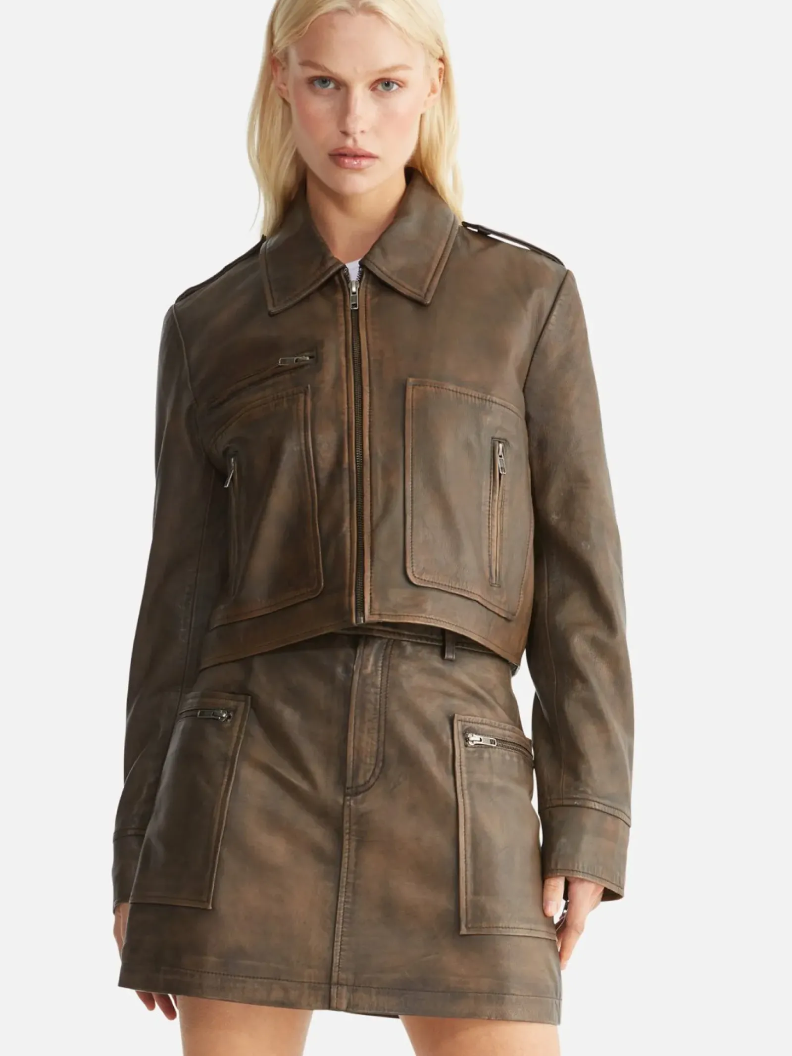 Women Ena Pelly Lennie Leather Biker Jacket - Worn Brown