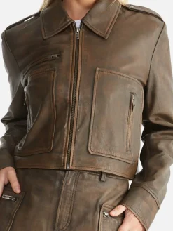 Women Ena Pelly Lennie Leather Biker Jacket - Worn Brown