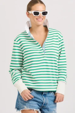 Women Est1971 Est 1971 Rugby Frill Collar Cotton Sweatshirt - Green Stripe