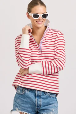 Women Est1971 Est 1971 Rugby Frill Collar Cotton Sweatshirt - Raspberry Stripe