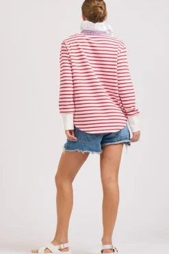 Women Est1971 Est 1971 Rugby Frill Collar Cotton Sweatshirt - Raspberry Stripe