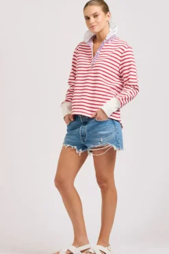 Women Est1971 Est 1971 Rugby Frill Collar Cotton Sweatshirt - Raspberry Stripe