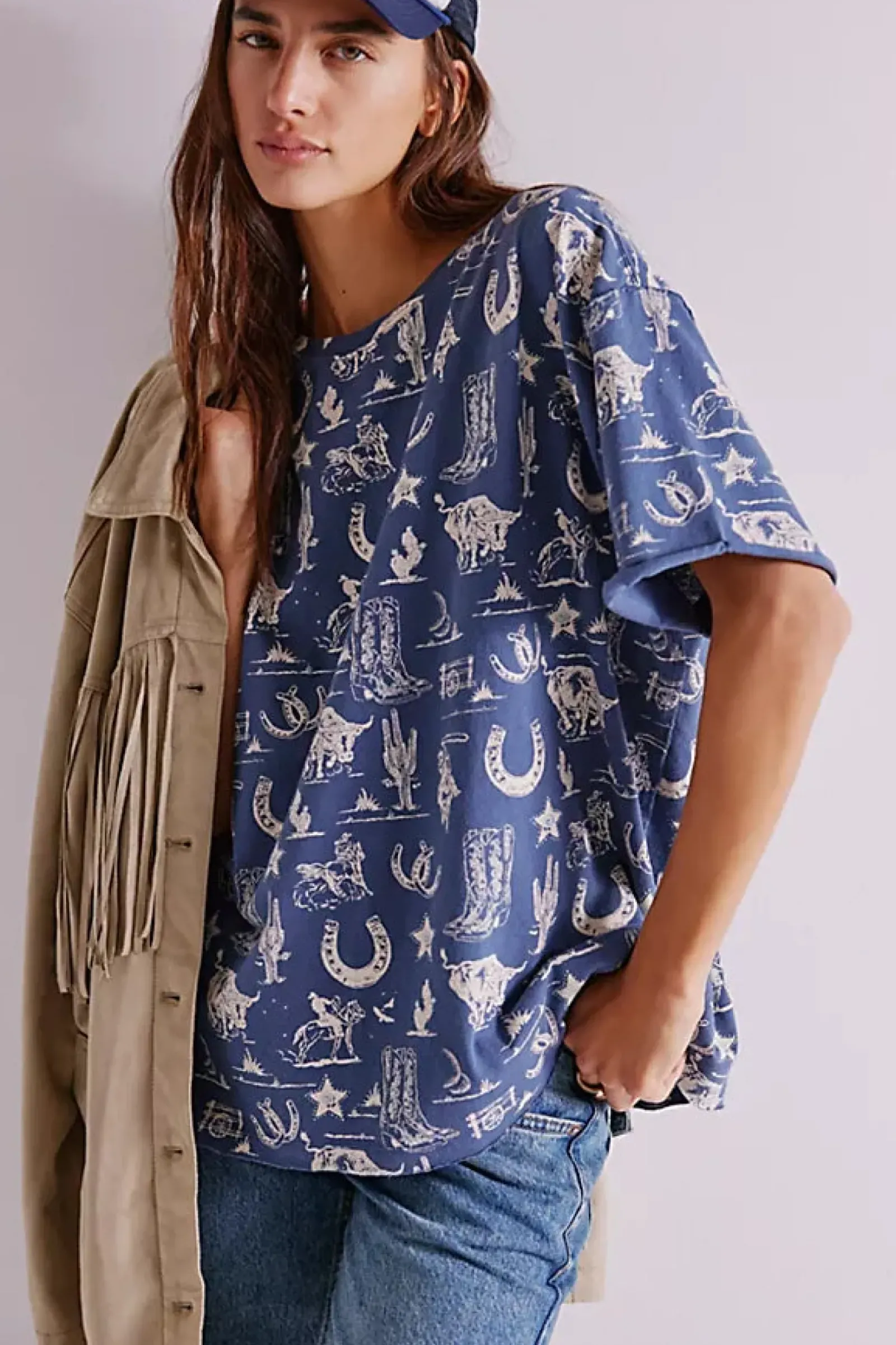 Women Free People Painted Floral Tee - Navy Combo