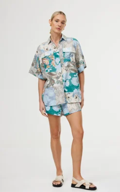 Women Kinney Juniper Shirt - Cyan Patchwork