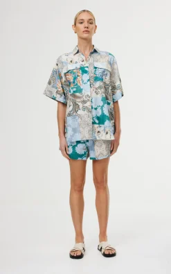 Women Kinney Juniper Shirt - Cyan Patchwork