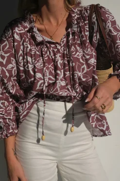 Women Lunar Fox Charlotte Linen Blouse - Sangria