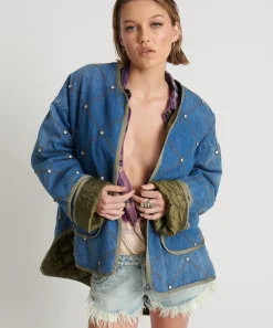 Women One Teaspoon Bay Blue Quilted Crystal Studded Jacket