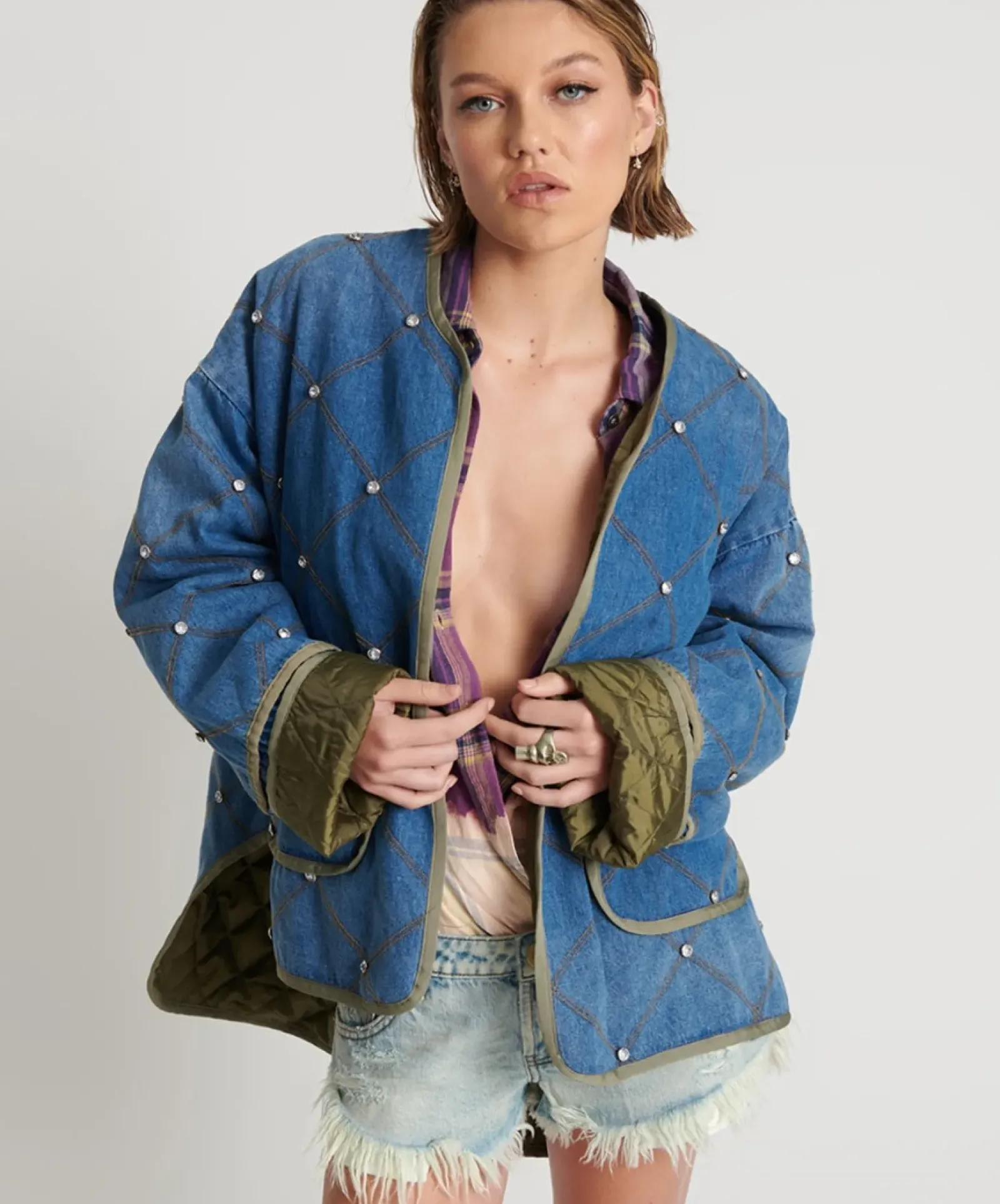 Women One Teaspoon Bay Blue Quilted Crystal Studded Jacket