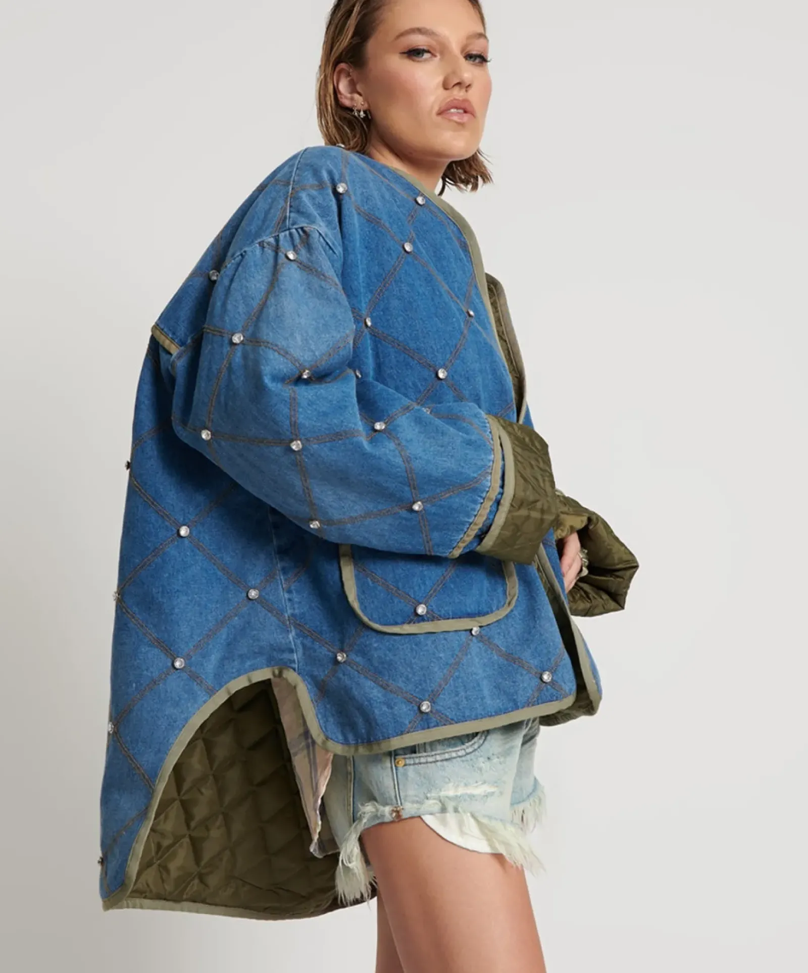 Women One Teaspoon Bay Blue Quilted Crystal Studded Jacket