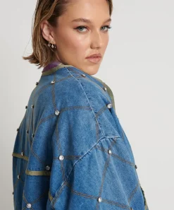 Women One Teaspoon Bay Blue Quilted Crystal Studded Jacket