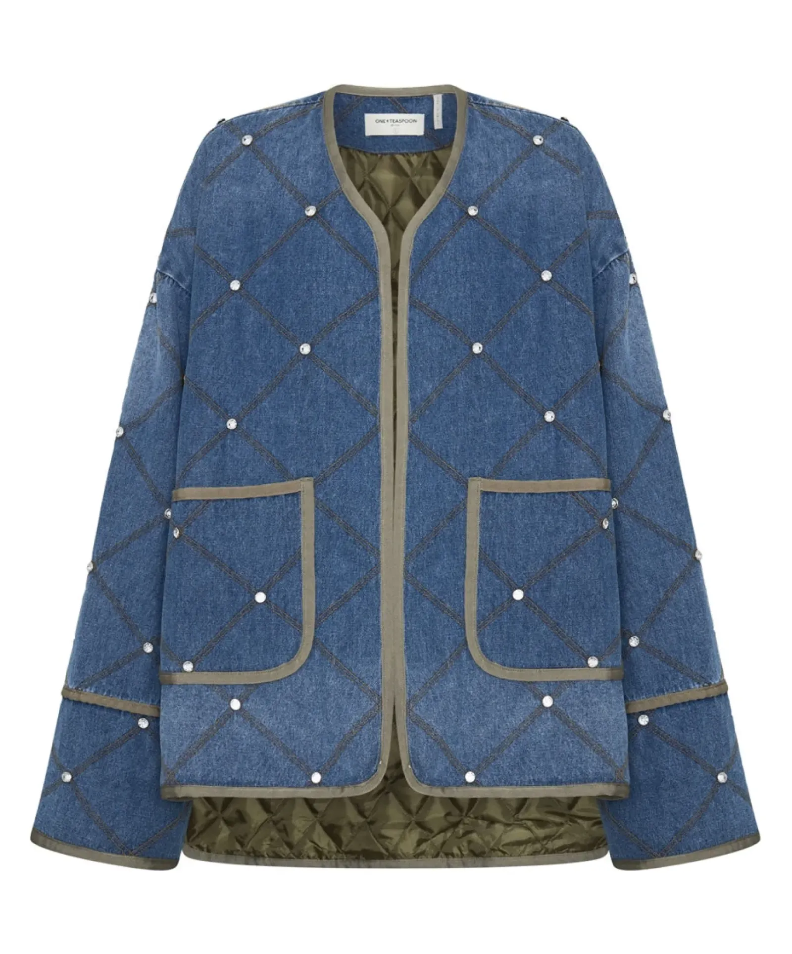 Women One Teaspoon Bay Blue Quilted Crystal Studded Jacket