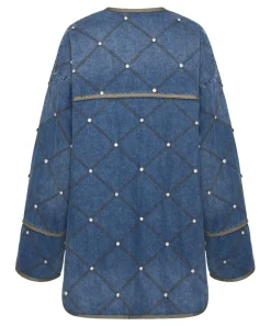 Women One Teaspoon Bay Blue Quilted Crystal Studded Jacket
